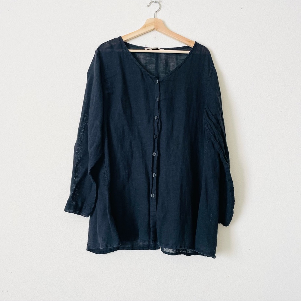 Flax LARGE linen blend black long sleeve lightweight button up blouse